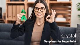  Presentation with ribbon green - PPT layouts enhanced with young-woman-holding-support-green background and a dark gray colored foreground