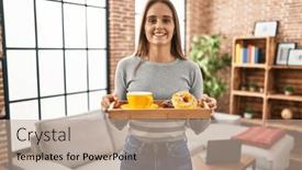  Presentation with breakfast - Slide deck with young-woman-holding-tray background and a  colored foreground