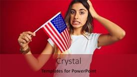  Presentation with america flag - Amazing presentation theme having young woman holding united states of america flag over red isolated background stressed with hand on head shocked with shame and surprise face angry and frustrated fear and upset for mistake backdrop and a crimson colored foreground