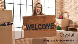  Presentation with new home - Presentation theme featuring young-woman-holding-welcome-doormat background and a  colored foreground