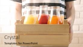 Presentation with juices - Theme enhanced with young woman holding wooden crate with delicious juices in bottles background and a coral colored foreground