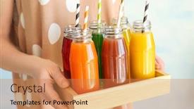  Presentation with juices - Beautiful theme featuring young woman holding wooden crate with delicious juices in bottles backdrop and a coral colored foreground