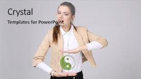 Presentation with psychology holding a brain - Audience pleasing PPT theme consisting of young woman holding ying yang backdrop and a light gray colored foreground