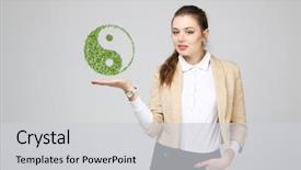  Presentation with symbol - Amazing slide set having young woman holding ying yang backdrop and a light gray colored foreground