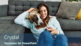  Presentation with dog - PPT theme with young-woman-hugging-dog-drinking background and a ocean colored foreground