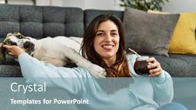  Presentation with dog - Presentation theme enhanced with young-woman-hugging-dog-drinking background and a light blue colored foreground