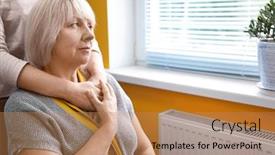  Presentation with home care - Audience pleasing presentation design consisting of young woman hugging her mother at home concept of care and support backdrop and a coral colored foreground