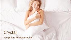  Presentation with bed - Beautiful presentation design featuring young woman hugging pillow backdrop and a sky blue colored foreground