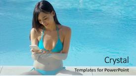  Presentation with sms - Colorful slide deck enhanced with young woman in a bikini reading an sms backdrop and a light blue colored foreground