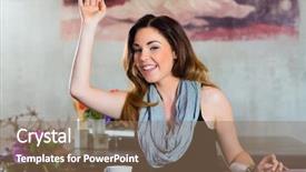  Presentation with pay - Presentation theme consisting of young woman in a cafe or restaurant she beckons to someone perhaps she would like to pay the bill background and a coral colored foreground