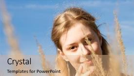  Presentation with soft colors - Beautiful PPT theme featuring young woman in a field portrait in soft colors backdrop and a coral colored foreground