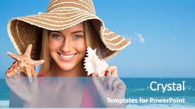  Presentation with sea shells - Presentation theme enhanced with young woman in a hat with sea shells background and a teal colored foreground