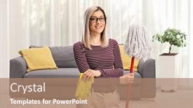  Presentation with room cleaning - Presentation theme having young-woman-in-a-living background and a coral colored foreground