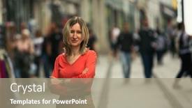  Presentation with pedestrian - Presentation theme featuring young woman in a red blouse posing on a pedestrian street background and a gray colored foreground