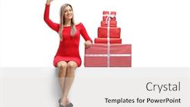  Presentation with red banner - Audience pleasing slide deck consisting of young woman in a red dress sitting on a banner with presents and waving isolated on white background backdrop and a white colored foreground