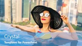  Presentation with infinity - Colorful presentation theme enhanced with young woman in a roof top swimming pool infinity pool with beautiful city view vacation in singapore backdrop and a teal colored foreground