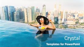  Presentation with swimming pool - Presentation design having young woman in a roof top swimming pool infinity pool with beautiful city view vacation in singapore background and a teal colored foreground