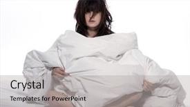  Presentation with white sheet - PPT theme with young woman in a white sheet bed on white background background and a light gray colored foreground