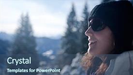  Presentation with winter wonderland - Colorful presentation theme enhanced with young woman in a winter wonderland lot of snow and trees in the blurry background backdrop and a ocean colored foreground