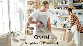  Presentation with apron harvest - Cool new PPT layouts with young woman in apron sawing backdrop and a  colored foreground