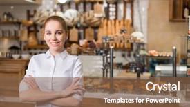  Presentation with bakery - Slide set having young woman in bakery background and a tawny brown colored foreground
