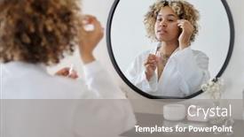  Presentation with serum - Presentation design with young-woman-in-bathrobe-applying background and a gray colored foreground