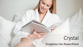  Presentation with e service - Colorful slide deck enhanced with young woman in bathrobe lying backdrop and a lemonade colored foreground