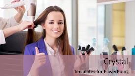  Presentation with beauty salon - Cool new PPT layouts with young woman in beauty salon backdrop and a coral colored foreground