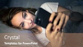  Presentation with blue eyes - Cool new PPT layouts with young-woman-in-bed-holding backdrop and a coral colored foreground