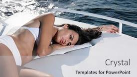  Presentation with yacht - PPT theme having young-woman-in-bikini-relaxing background and a light gray colored foreground