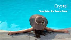  Presentation with straw - Cool new slide deck with young woman in bikini wearing a straw hat sitting in the swimming pool backdrop and a light gray colored foreground
