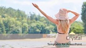  Presentation with sea sun - Cool new presentation theme with young woman in bikini in the sun at the bathing lake or sea is looking forward to summer vacation backdrop and a lemonade colored foreground