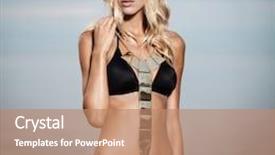  Presentation with calm sea - Presentation design with young woman in black bikini posing in a calm sea while sunset background and a coral colored foreground