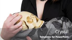  Presentation with cranium - Audience pleasing PPT theme consisting of shaped monster skull - young woman in black dress backdrop and a dark gray colored foreground
