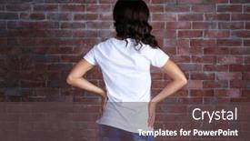  Presentation with white brick wall - Colorful theme enhanced with young woman in blank white t-shirt standing against brick wall backdrop and a tawny brown colored foreground