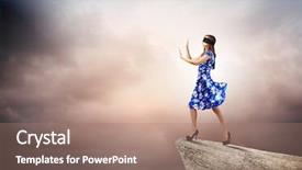  Presentation with blue mountain - Cool new presentation design with young woman in blue dress standing on mountain edge backdrop and a coral colored foreground