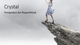  Presentation with blue mountain - PPT theme having young woman in blue dress standing on mountain edge background and a light gray colored foreground