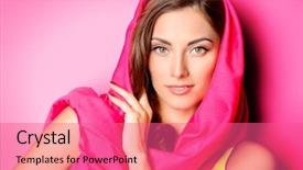  Presentation with beauty cosmetics - Beautiful presentation theme featuring young woman in bright crimson backdrop and a  colored foreground
