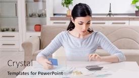  Presentation with budget - PPT theme with young woman in budget planning concept background and a soft green colored foreground