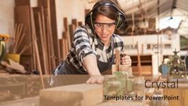  Presentation with wood joinery - PPT theme with young-woman-in-carpenter-training background and a coral colored foreground