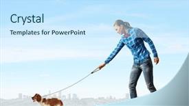  Presentation with lead - Cool new PPT theme with young woman in casual holding dog on lead backdrop and a sky blue colored foreground
