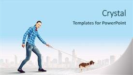  Presentation with lead - Audience pleasing PPT theme consisting of young woman in casual holding dog on lead backdrop and a sky blue colored foreground