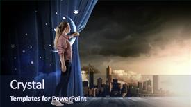  Presentation with blue curtain - Presentation having young woman in casual opening blue curtain background and a navy blue colored foreground