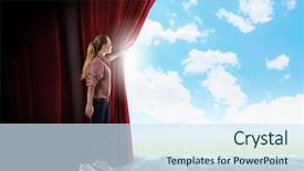  Presentation with curtain opening - Colorful presentation theme enhanced with young woman in casual opening drape curtain backdrop and a sky blue colored foreground