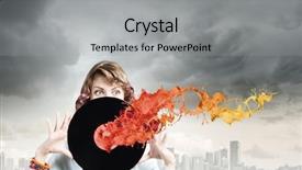  Presentation with disco - PPT theme having young woman in casual wearing headphones and holding disco plate background and a light gray colored foreground