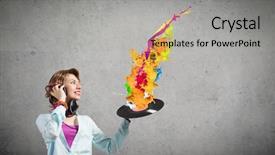  Presentation with disco - PPT theme featuring young woman in casual wearing headphones and holding disco plate background and a light gray colored foreground