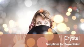  Presentation with disco - Slide deck with young woman in casual wearing headphones and holding disco plate background and a coral colored foreground