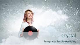  Presentation with disco - Cool new presentation theme with young woman in casual wearing headphones and holding disco plate backdrop and a sky blue colored foreground