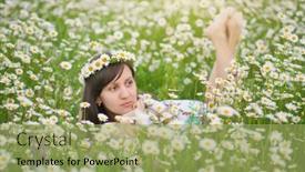  Presentation with chamomile - Beautiful PPT layouts featuring young-woman-in-chamomile-meadow backdrop and a mint green colored foreground