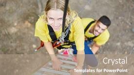  Presentation with teambuilding - Amazing presentation design having young woman in climbing park roped on the ladder during teambuilding workshop backdrop and a coral colored foreground